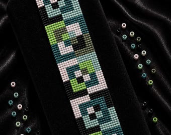 Patrón de pulsera geométrica para telar, brazalete moderno con cuentas cuadradas, patrón de abalorios Miyuki Delica 11/0, descarga instantánea en PDF.