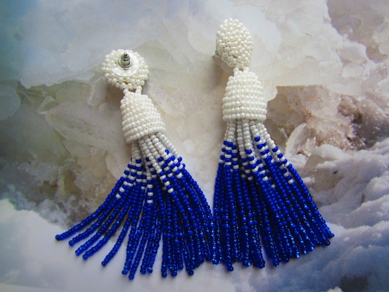 FINAL SALE Ombre Tassel Earrings White Blue Statement Etsy