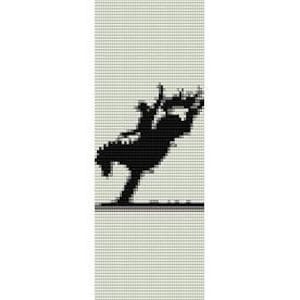 May include: Black and white beaded pattern of a horse rearing up on its hind legs with its head thrown back. The horse is silhouetted against a light gray background.