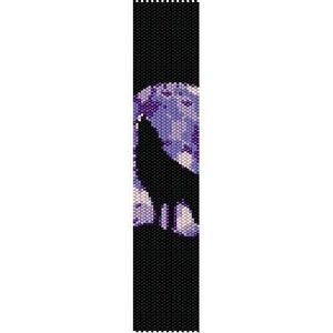 May include: A beaded bookmark featuring a black silhouette of a howling wolf against a purple and white moon. The background is black, and the bookmark is rectangular. The design is created with small, colorful beads.