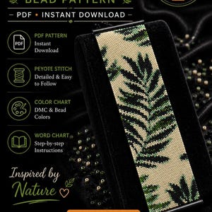 Peut inclure: Un modèle PDF numérique pour un bracelet à motif de feuille de fougère en point peyote. Le texte inclut "FERN LEAF BRACELET BEAD PATTERN", "PDF INSTANT DOWNLOAD", "PEYOTE STITCH", "Miyuki Delica 11/0", "Color Chart" et "Word Chart" sur fond noir.