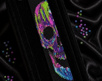 Patrón de tejido de cuentas con calavera neón, diseño versátil de cuentas pequeñas, marcapáginas colgante para pulsera, descarga instantánea en PDF.