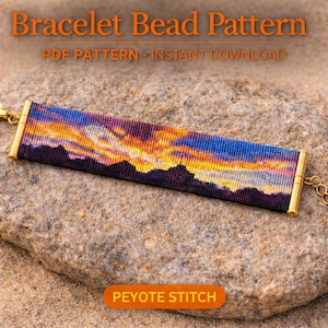 May include: A rectangular beaded bracelet featuring a sunset landscape with purple, orange, and yellow hues. The bracelet has gold-toned metal end bars, a lobster clasp, and an extender chain. Text reads Bracelet Bead Pattern, PDF PATTERN, INSTANT DOWNLOAD, PEYOTE STITCH.
