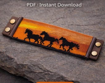 Instant Download Beading Pattern Peyote Stitch Bracelet Horses in Sunset Seed Bead Cuff