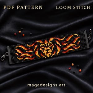 May include: A beaded bracelet featuring a lion head design in shades of orange, yellow, and red against a black background. The text PDF PATTERN LOOM STITCH and magadesigns.art are visible. The bracelet has black metal end bars and a lobster clasp.