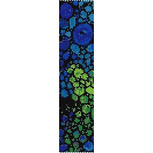May include: A rectangular beaded strip featuring a dense, mosaic-like pattern of small hexagonal shapes in shades of blue, lime green, and black. The design transitions from deep blue at the top to vibrant lime green and blue towards the bottom.