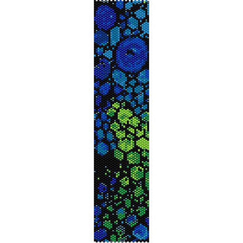 May include: A rectangular beaded strip featuring a dense, mosaic-like pattern of small hexagonal shapes in shades of blue, lime green, and black. The design transitions from deep blue at the top to vibrant lime green and blue towards the bottom.