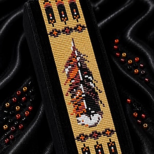 May include: A beaded bracelet pattern featuring a central feather design in shades of orange, black, and white on a gold background. The text reads Bracelet Bead Pattern, PDF, Instant Download, LOOM STITCH, Miyuki Delica 11/0, Color Chart, Word Chart.