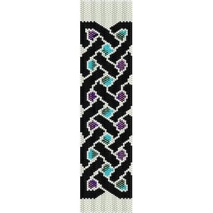 May include: A black and white beaded bracelet featuring a Celtic knot design. The knot is accented with purple and blue beads.