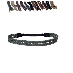 May include: A braided gray headband with a black elastic band and a selection of shoelaces in various colors. The headband is made of a soft, flexible material and is designed to fit comfortably on the head.