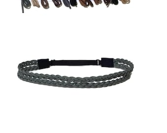 Braided Leather Headband, Faux Suede 2-Strand Braid, Adjustable Elastic