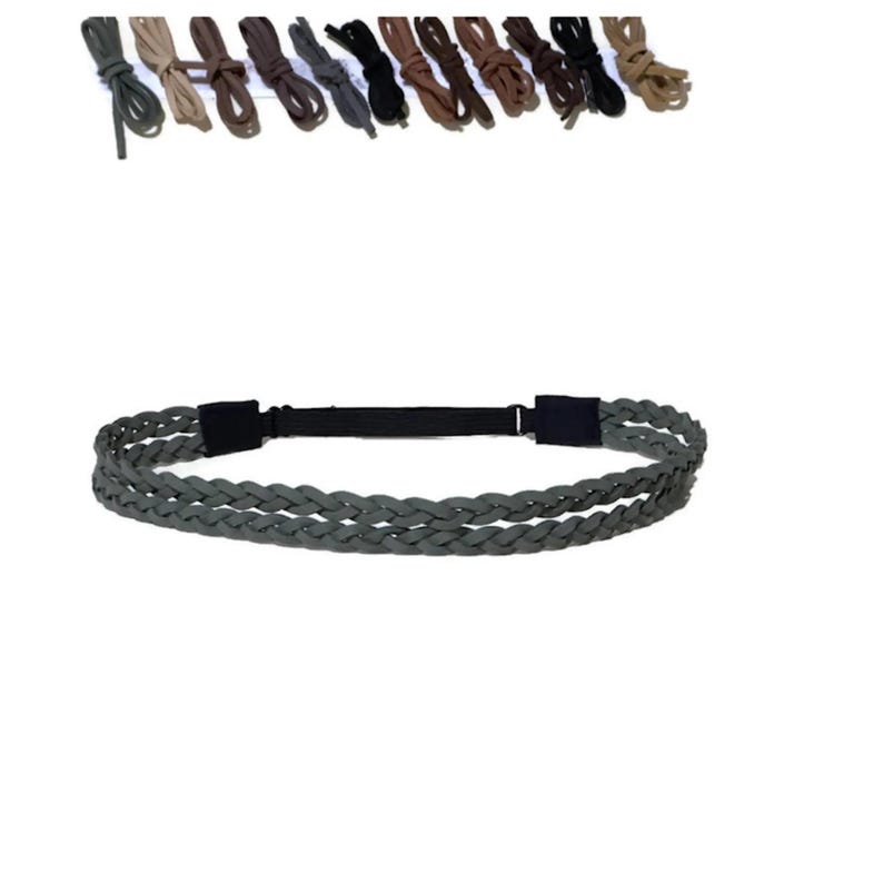 May include: A braided gray headband with a black elastic band and a selection of shoelaces in various colors. The headband is made of a soft, flexible material and is designed to fit comfortably on the head.
