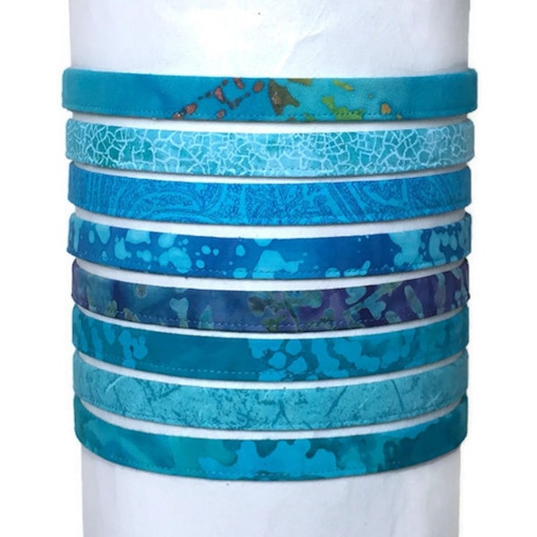 Thin Batik Headbands with Adjustable Elastic in Sizes for Women Men Teens Girls Toddlers in Blue & Aqua Cotton Fabric