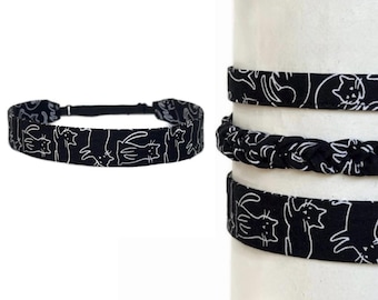 Black Cat Headband with Adjustable Elastic in 3 Styles, Comfortable Fabric Hairband