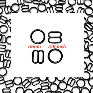 May include: A collection of black metal hardware components including circular rings and rectangular sliders. The image displays these items with the text 10mm and 3/8 inch, indicating the size of the hardware pieces used for straps and fasteners.