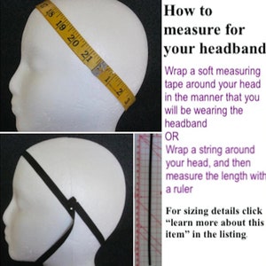 May include: A white foam head form with a yellow measuring tape wrapped around it, showing measurements from 18 to 21 inches. The image also includes text: "How to measure for your headband."