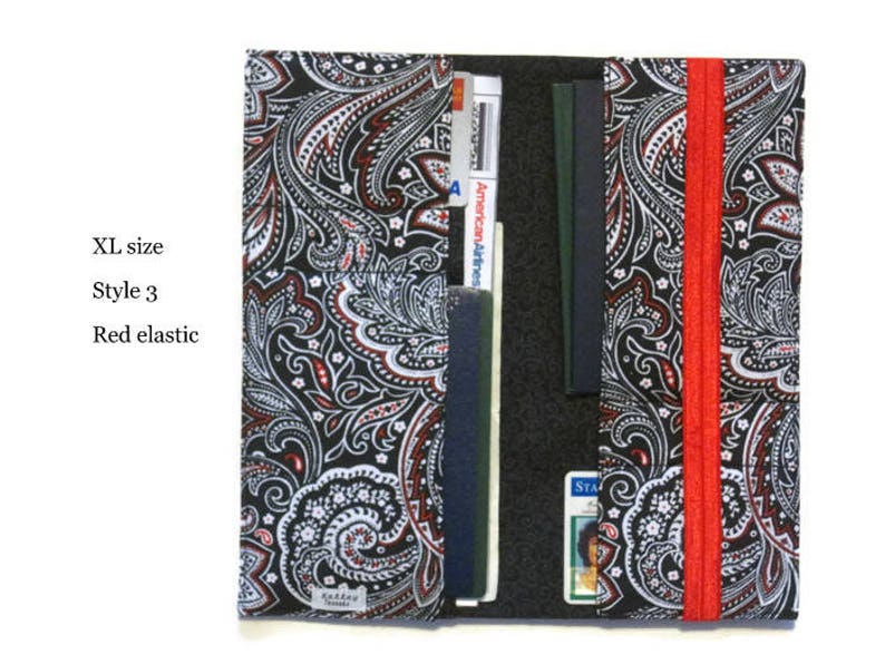 Passport Wallet and Boarding Pass Holder in Black Paisley Fabric Long Travel Document Holder for Family of 4,5,6 Women/'s Travel Gift
