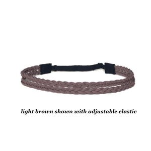 May include: A light brown braided headband with an adjustable black elastic band. The text "light brown shown with adjustable elastic" is below the headband.