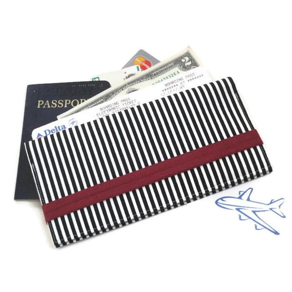 Passport, Boarding Pass & Vaccine Card Travel Wallet in Black and White Striped Fabric - 2 Sizes and 4 Styles