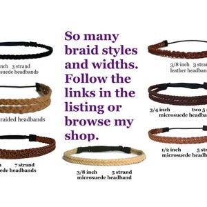 May include: Assortment of braided headbands in various colors and styles. The image displays headbands with different widths and strand counts, including 5/16 inch, 3/8 inch, 1/2 inch, 5/8 inch, and 3/4 inch options. The text encourages browsing the shop.