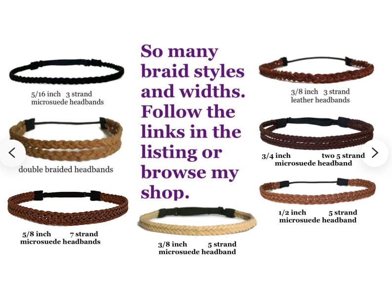 May include: Assortment of braided headbands in various colors and styles. The image displays headbands with different widths and strand counts, including 5/16 inch, 3/8 inch, 1/2 inch, 5/8 inch, and 3/4 inch options. The text encourages browsing the shop.
