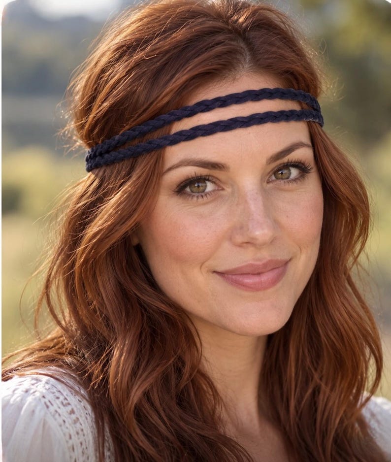 May include: A double-strand navy blue braided headband worn across the forehead. The accessory features two thin, woven fabric cords that wrap around the head, providing a simple and secure fit for various hair styles and lengths.