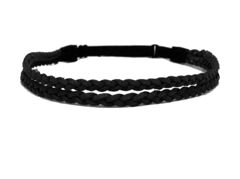 May include: Black braided headband with an adjustable elastic band. The headband features two parallel rows of braided material, creating a textured and stylish accessory. The design is simple and versatile, suitable for various hairstyles and occasions.