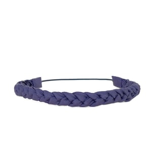 May include: A dark blue headband featuring a braided fabric design that spans the entire length of the band. The accessory has a smooth, matte texture and a flexible, thin frame that connects the braided ends, creating a continuous circular shape.
