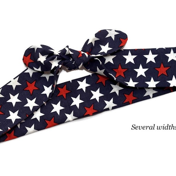 July 4th Pin Up Bandana Dolly Bow Headband with Stars in Red White Blue / Tie Up Rockabilly Head Scarf / Rosie The Riveter