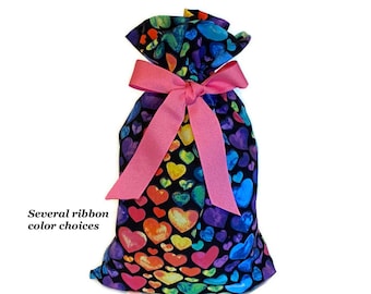 Gift Bag with Hearts and Drawstring for Presents / Rainbow Colored Fabric Reusable Gift Sack