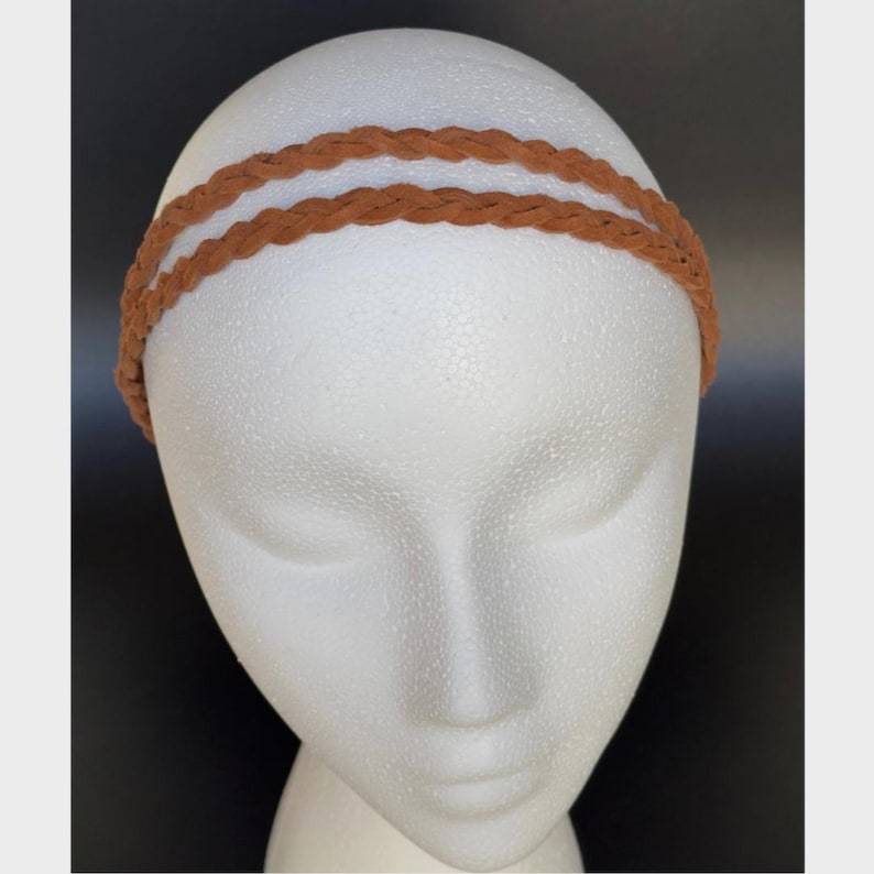 Braided Leather Headband, Faux Suede 2-Strand Braid, Adjustable Elastic Rust leather