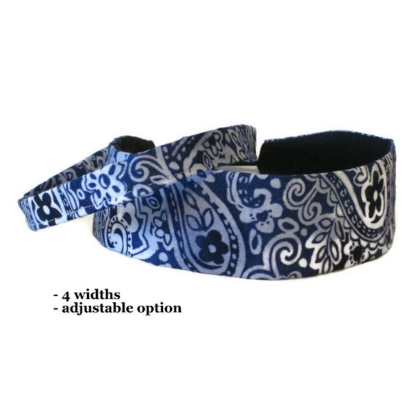 Blue Skinny or Wide Headband for Women Teens Men Girls / Comfortable Adjustable No Slip Hairband in Denim Paisley Fabric- Ready to Ship Gift