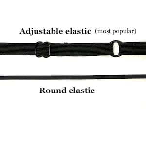May include: Two types of black elastic cord. The top strip is a flat adjustable elastic with a black plastic slider and ring, labeled Adjustable elastic (most popular). The bottom strip is a thin, smooth, black round elastic labeled Round elastic.
