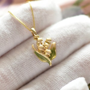 Hand-painted enameled lily of the valley pendant necklace, Plated brass or Vermeil chain - gold plated on 925 silver, Flower jewelry