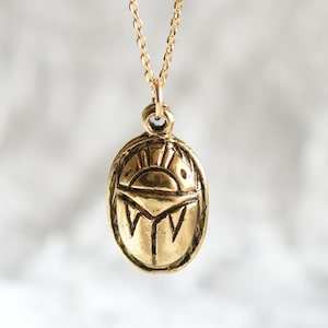 Scarab Pendant Necklace, Vintage Charm, Antique Gold and Black Color Scarab, Lucky Charm, Insect Jewelry