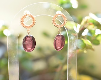 Owl and laurel earrings, Amethyst intaglio glass in the vintage 70s