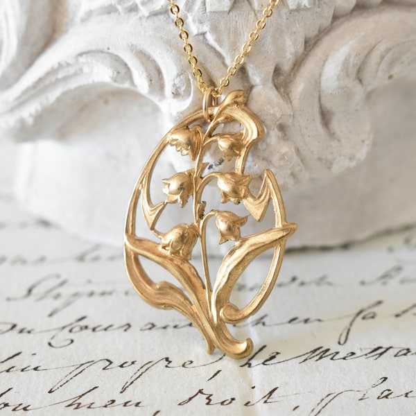 Lily of the valley necklace, lily of the valley print pendant, gilded copper and gold plated