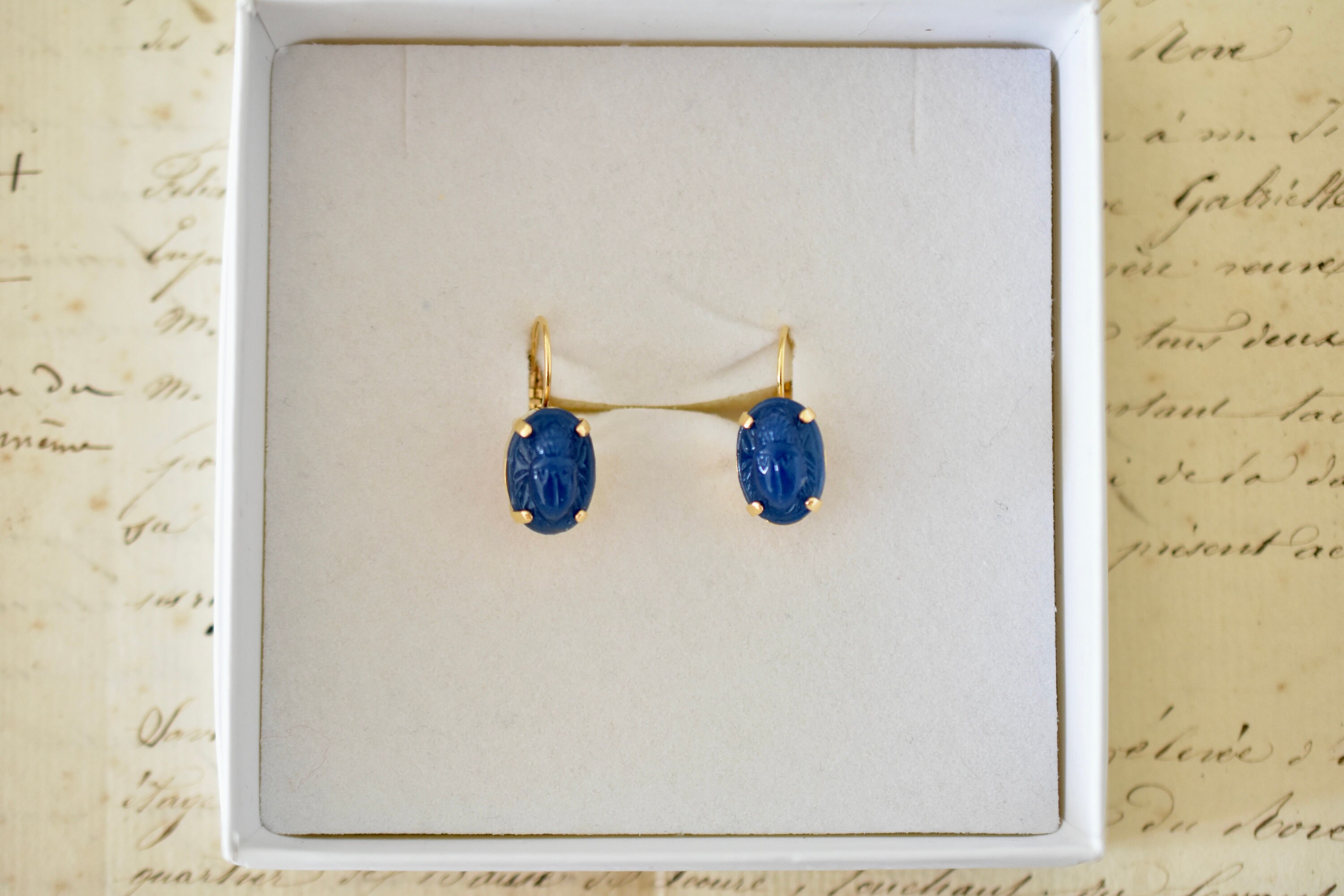 Boucles D'oreilles Anciennes Pendantes En Cristal Bleu Camée - Clip - Occasion