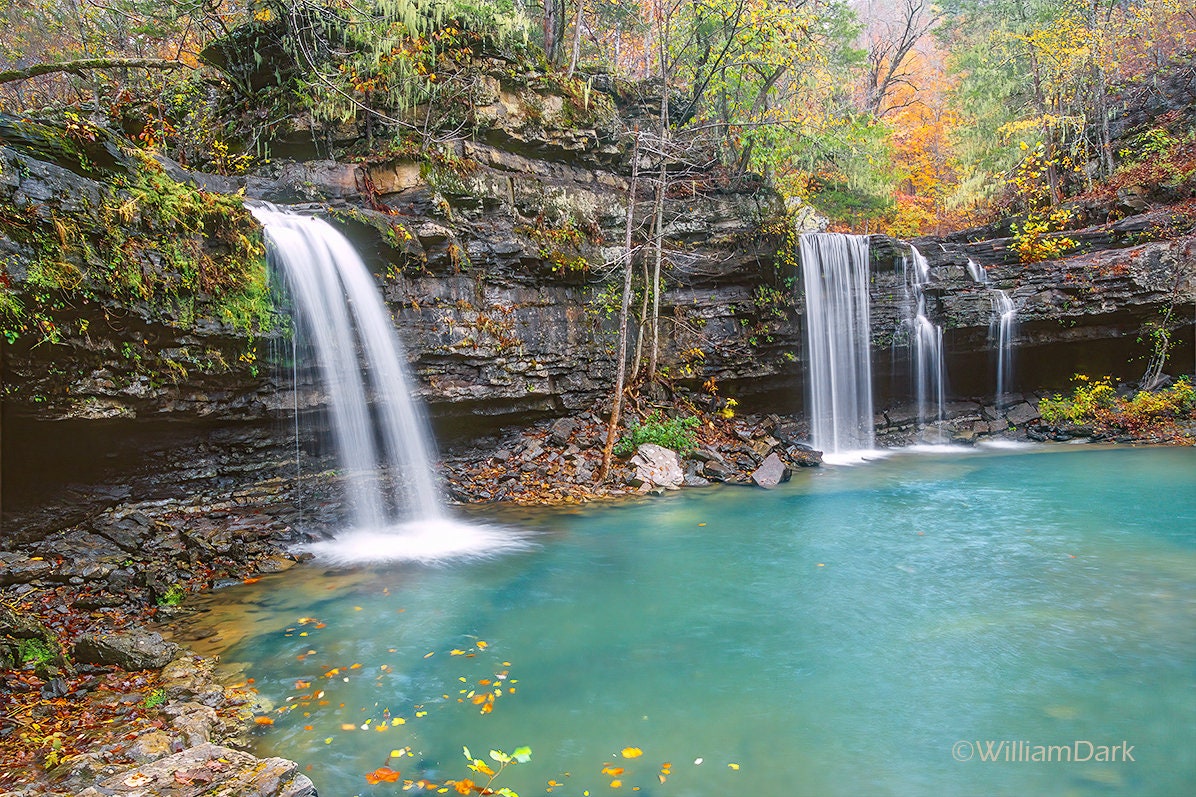 Nature Photography, Twin Falls on Richland Creek, Arkansas, Devil's Fork, Ozark Mountains, Waterfall, Autumn, Fall Color, Landscape, Photo