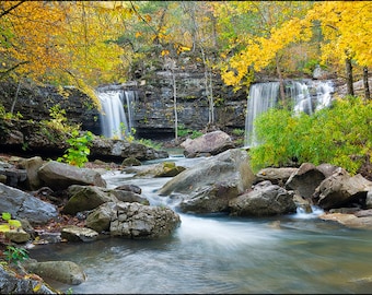 Nature Photography, Waterfall, Twin Falls, Devil's Fork, Richland Creek Wilderness Area, Ozarks, Arkansas, Autumn, Fall Color, Yellow, Green
