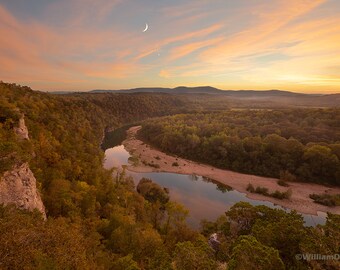 Nature Photography, Crescent Moon and Venus, Buffalo River, Sunset, Arkansas, Autumn, Fall Color