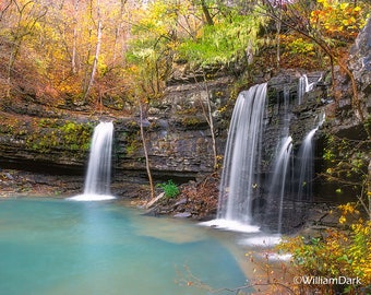 Nature Photography, Twin Falls on Richland Creek, Arkansas, Devil's Fork, Buffalo River, Ozark Mountains, Waterfall, Autumn, Fall Color
