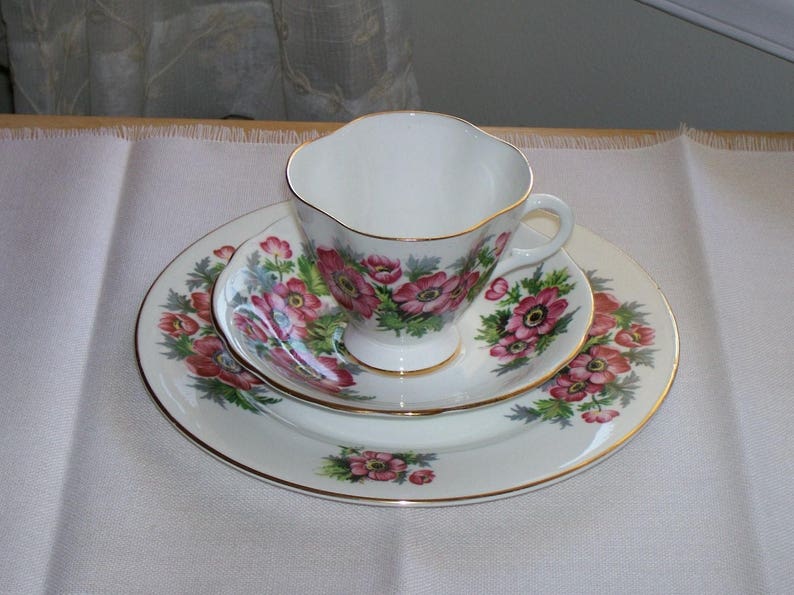 Vintage Cup Saucer Plate Set Clarence Bone China England Red Etsy