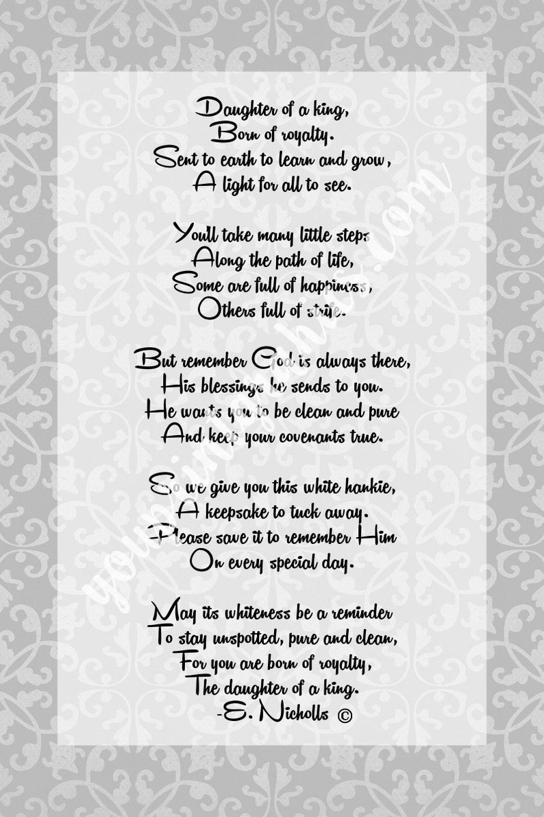 Daughter of a King white Handkerchief Poem printable and Use - Etsy