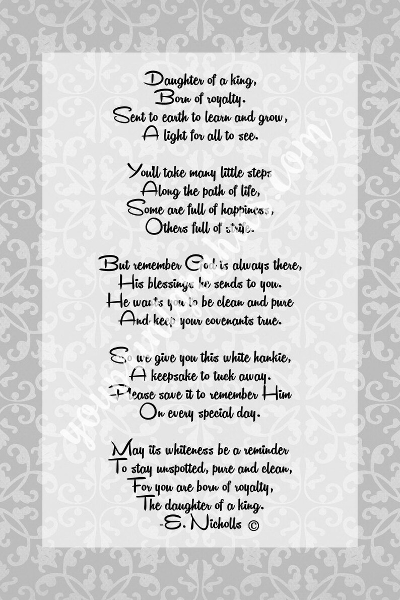 daughter of a king white handkerchief poem printable and use etsy