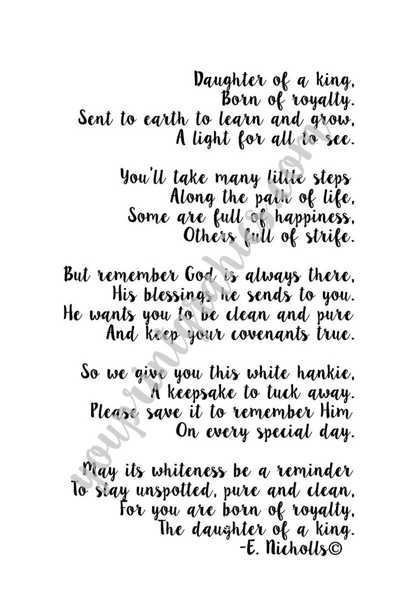 daughter of a king white handkerchief poem printable and