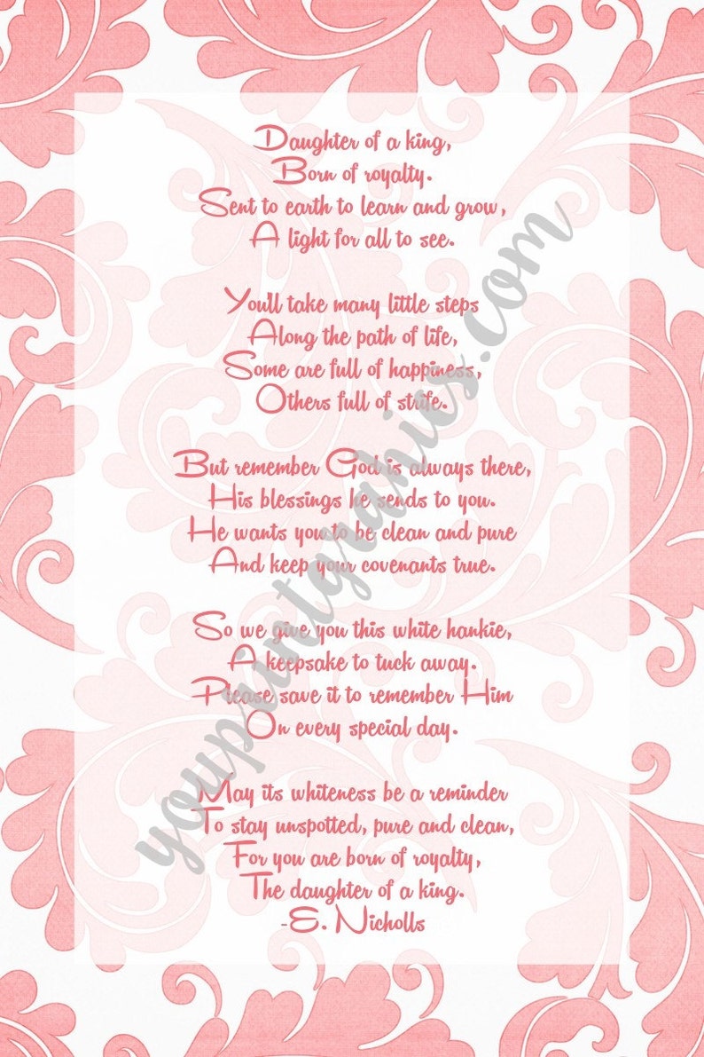 daughter of a king white handkerchief poem printable and use etsy