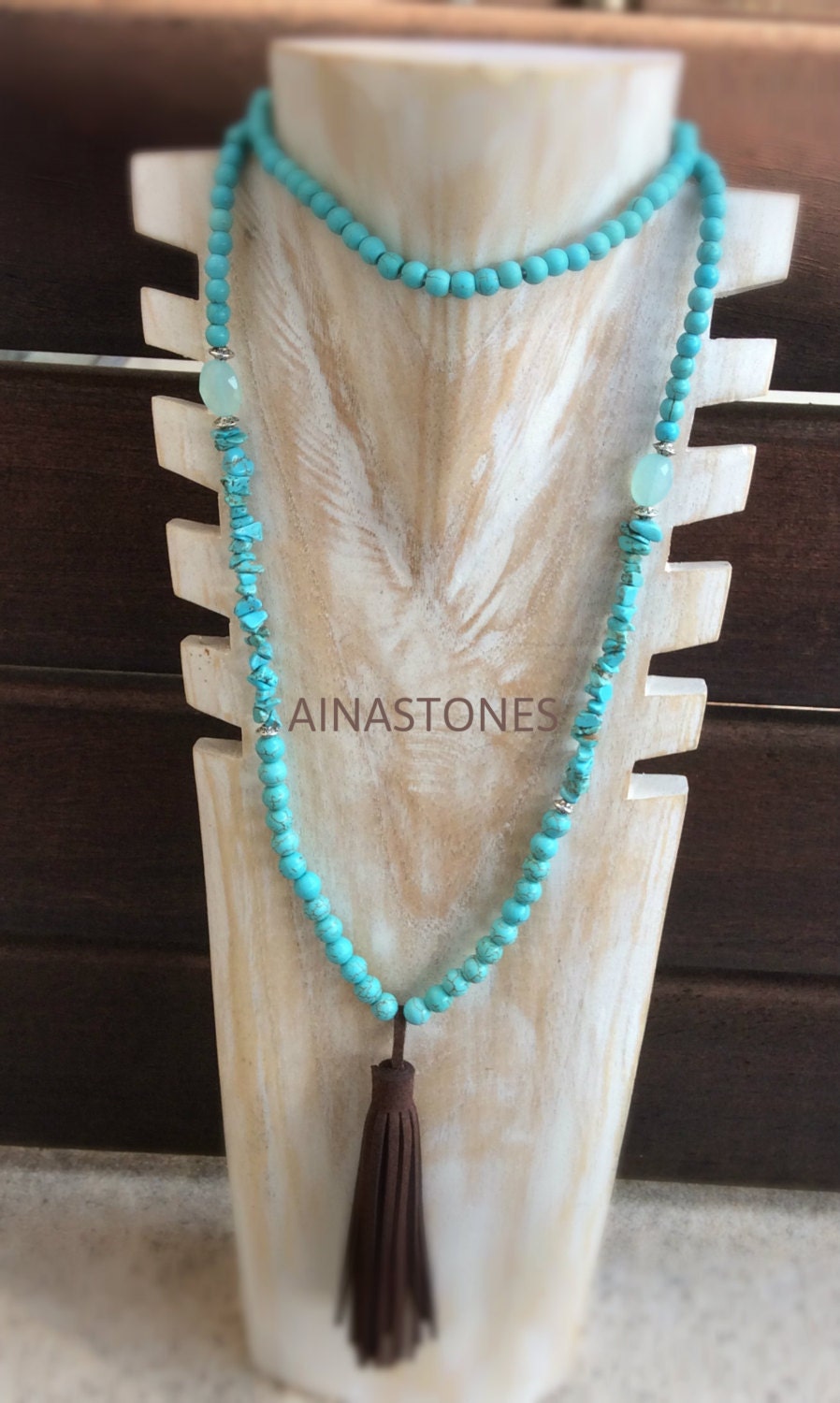Boho necklace made with semi-precious stones, howlite turquoise, brown tassel