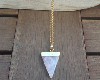 Pink quartz crystal triangle necklace, mystic crystal, healing crystals, gold pink quartz, polished quartz