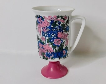 Vintage ARNART 5th Ave Birds Floral Footed Pedestal Mug Coffee Tea Pink White